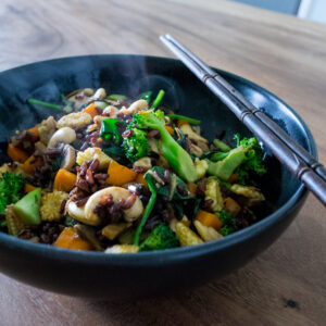 alt="a bowl of still steaming rustic looking fried rice made with black rice, chunky mixed vegetables, and some cashew nuts."