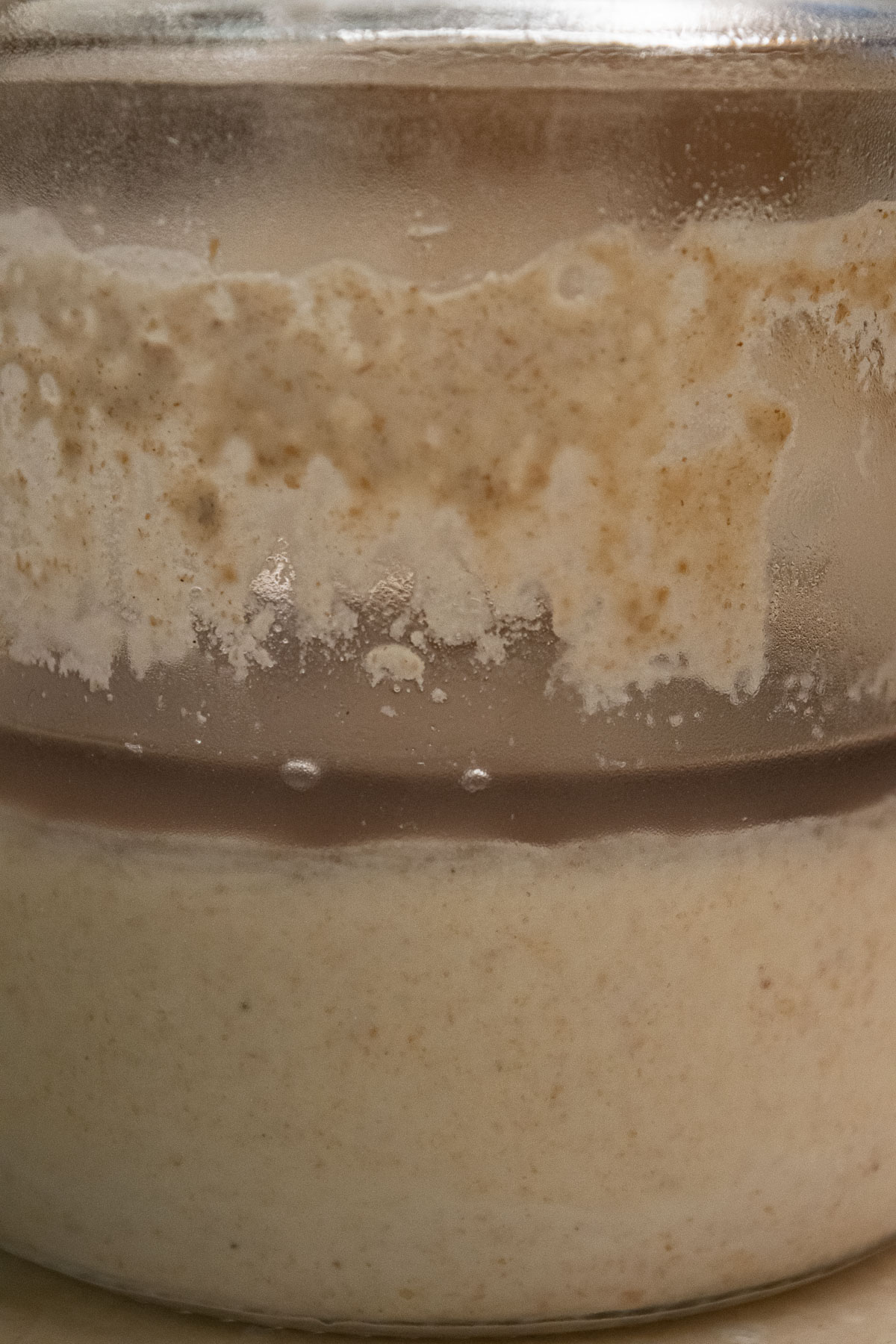 A glass jar containing a sourdough starter with a layer of gray liquid on top