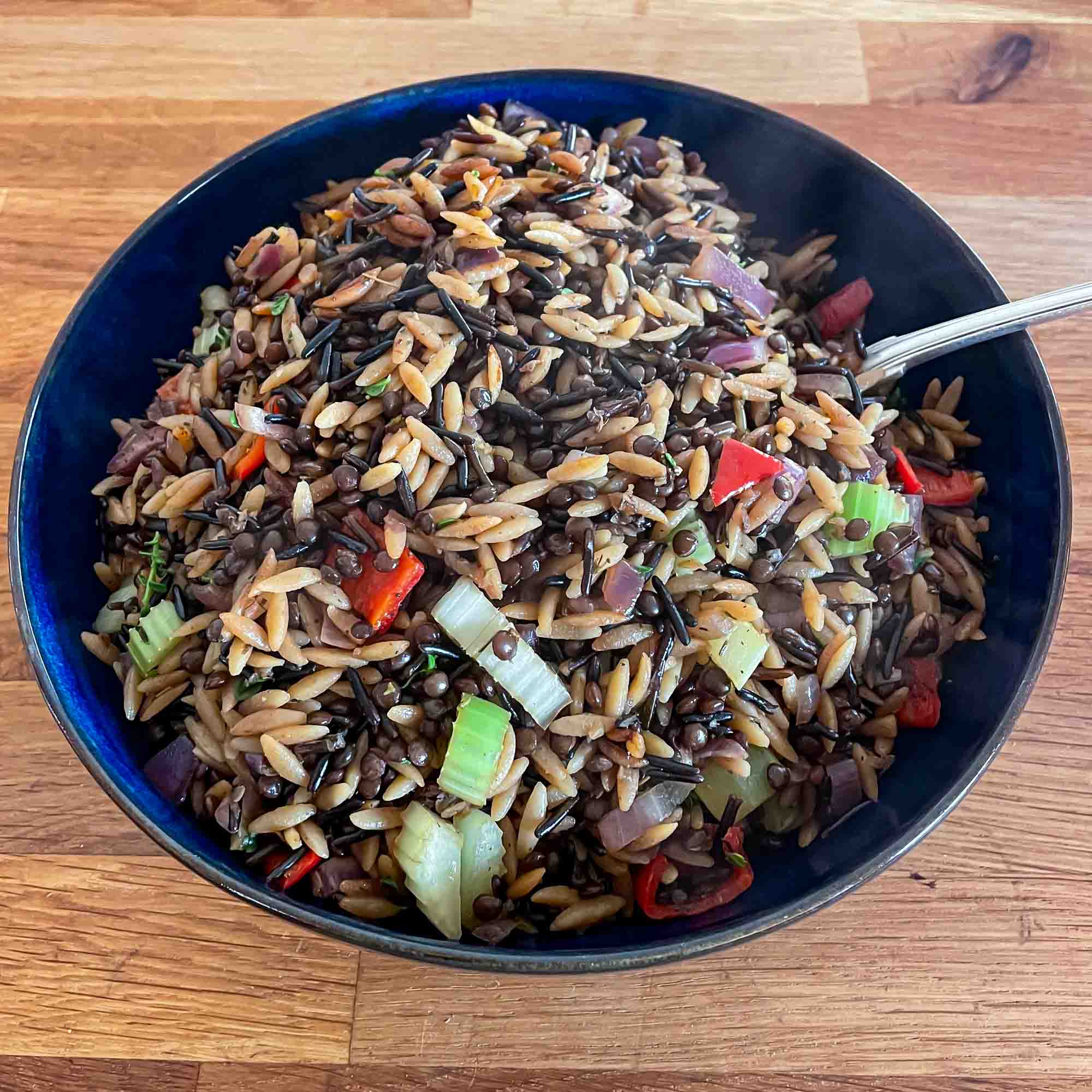 alt="a big bowl of wild rice, lentils and orzo with red pepper, purple onions, and green celery."